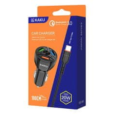 Kaku Car Charger auto punjač 3xUSB QC 4.8A 20W + USB-C kabel, crno