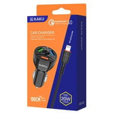 Kaku Car Charger auto punjač 3xUSB QC 4.8A 20W + Lightning kabel, crno