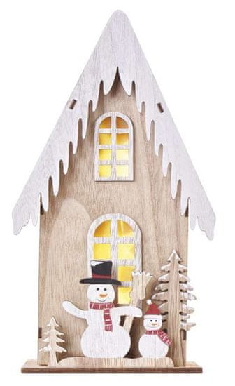 EMOS LED drvena dekoracija Kuća sa snjegovićima, 28,5 cm, 2x AA, unutarnja, toplo bijela, s timerom