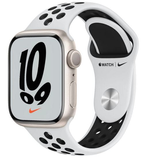 Apple Watch Nike Series 7 pametni st, GPS, 41 mm, aluminij, Starlight, Pure Platinum/Black Nike remen (MKN33BS/A)