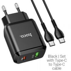 Hoco N5 pametni kućni punjač, ​​20W, s 3.0 QC, s 1 x USB C i 1 x USB utikačem i s kabelom za punjenje Tip C - Tip C, crni