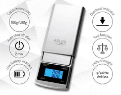 Adler Precizna vaga AD 3168, 100g/0,01g, LCD, siva