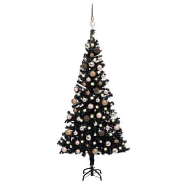 Vidaxl Umjetno božićno drvce s lampicama i kuglicama, crno, 180 cm, PVC