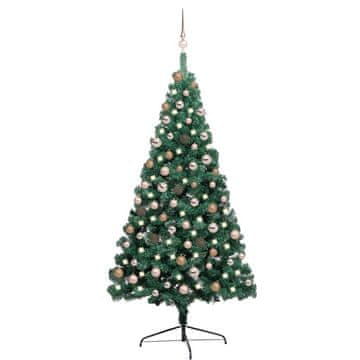 Vidaxl Božićno drvce s lampicama i kuglicama, pola, zeleno, 180 cm