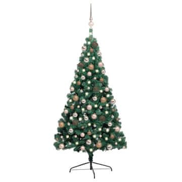 Vidaxl Božićno drvce s lampicama i kuglicama, pola, zeleno, 240 cm