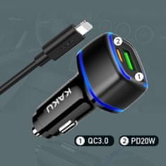 Kaku KSC-540 auto punjač USB / USB-C 3A 20W + kabel Lightning / USB-C, crno