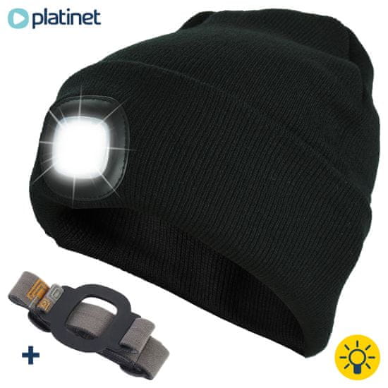 Platinet kapa sa LED svjetlom + traka za glavu, USB punjenje, baterija, 3 osvjetljenja, Unisex, crna