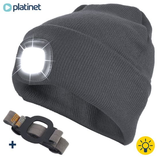 Platinet kapa sa LED svjetlom + traka za glavu, USB punjenje, baterija, 3 osvjetljenja, Unisex, siva