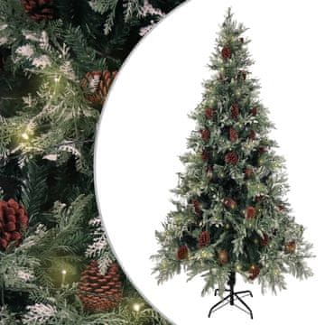 Vidaxl Božićno drvce s lampicama i češerima, zeleno-bijelo, 225 cm, PVC/PE