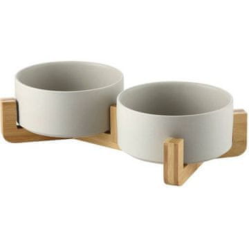 Mersjo Dvostruka keramička zdjela, drvena, Gerda, siva, 2x400 ml