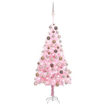 Vidaxl Umjetno božićno drvce s lampicama i kuglicama, ružičasto, 150 cm, PVC
