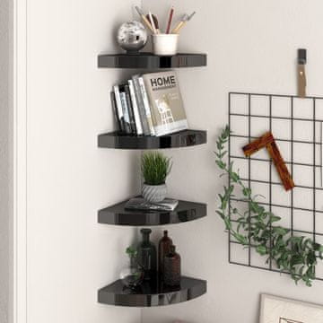 Vidaxl Kutne zidne police, 4 kom, sjajno crne, 25x25x3,8 cm, MDF