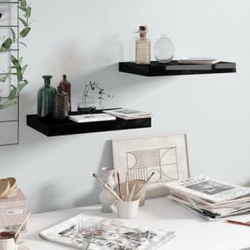 Vidaxl Zidne police, 2 kom, crne, visoki sjaj, 40x23x3,8 cm, MDF