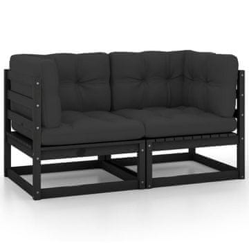 Vidaxl Vrtna sofa za 2 osobe s jastucima, crna, borovina