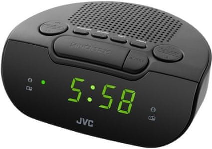 klasična radio budilica JVC RA-E111, AM/FM tuner, jednostavan rad, ugrađeni zvučnik, odgoda, budilica za spavanje s 2 vremena buđenja