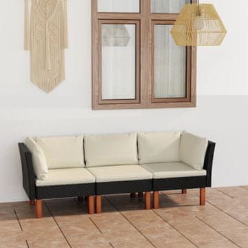 Vidaxl Vrtna sofa za 3 osobe s jastucima, poli ratan, crna