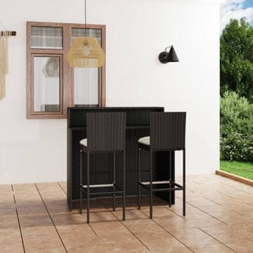 Vidaxl Vrtni barski set od 3 dijela s jastucima, PE ratan, crni
