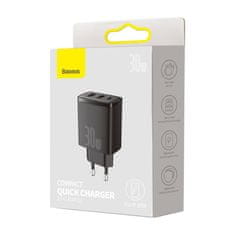 BASEUS Compact punjač 2x USB / 1x USB-C 3A 30W PD QC, crno