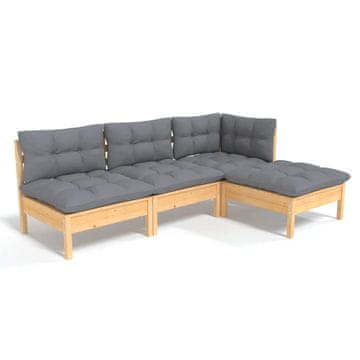 Vidaxl 4-dijelna vrtna garnitura od borovine sa sivim jastucima