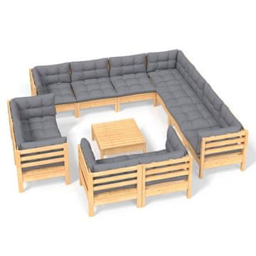 Vidaxl 12-dijelna vrtna garnitura od borovine sa sivim jastucima