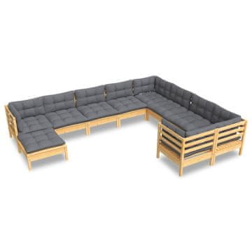 Vidaxl 10-dijelna vrtna garnitura od borovine sa sivim jastucima