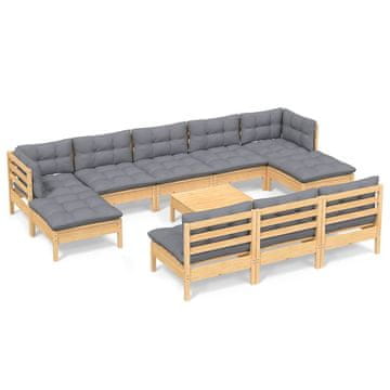 Vidaxl 11-dijelna vrtna garnitura od borovine sa sivim jastucima