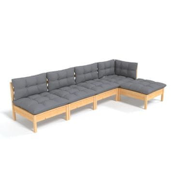 Vidaxl 5-dijelna vrtna garnitura od borovine sa sivim jastucima