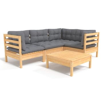 Vidaxl 5-dijelna vrtna garnitura od borovine sa sivim jastucima