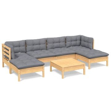 Vidaxl 7-dijelna vrtna garnitura od borovine sa sivim jastucima