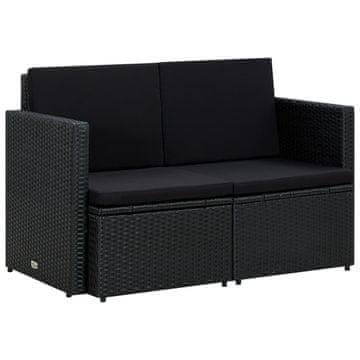Vidaxl Vrtna sofa za 2 osobe s jastucima, crna, poli ratan