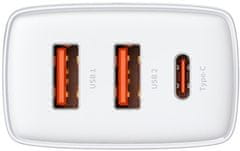 BASEUS Kompaktni adapter za brzo punjenje 2x USB-A, 1x Type-C, 30 W, bijeli (CCXJ-E02)