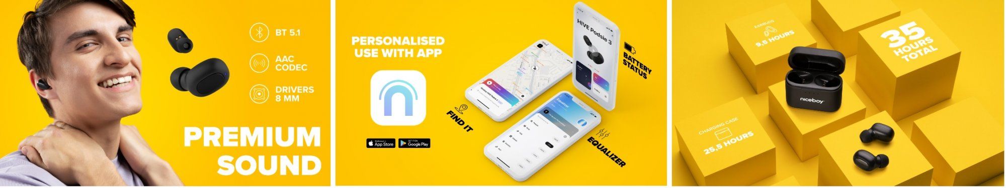 bluetooth 5.1 bežične slušalice niceboy hive subsea 3 ip54 vodootporna kutija za punjenje od prašine i znoja usb punjenje snažne sonde od 8 mm upravljanje jednim gumbom glasovni pomoćnik podrška ionska mobilna aplikacija mikrofon za poništavanje buke