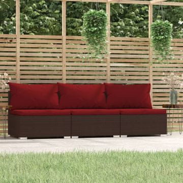 Vidaxl Vrtna sofa za 3 osobe s jastucima, poli ratan, smeđa