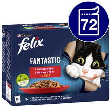 Felix hrana za mačke Fantastic s piletinom, govedinom, zecom i janjetinom u želeu, 72 x 85 g