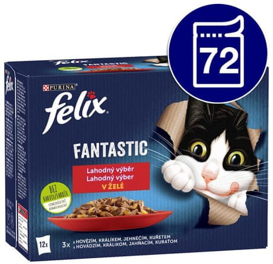 Felix hrana za mačke Fantastic s piletinom, govedinom, zecom i janjetinom u želeu, 72 x 85 g