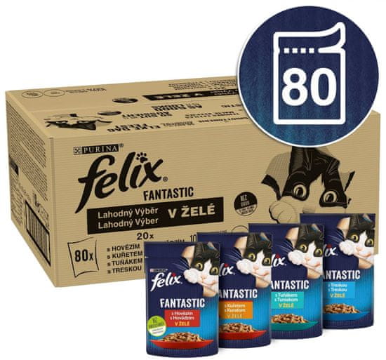 Felix hrana za mačke Fantasticz govedina, piletina, tuna, bakalar u želeu, 80 x 85 g