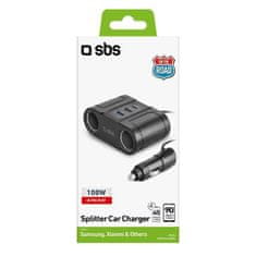 SBS Splitter auto punjač, 2x USB-A, USB-C, 100W, crna