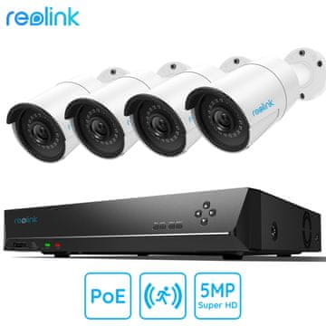 Reolink Komplet Reolik RLK8-410B4, 1x NVR jedinica za snimanje (tB HDD), 4x B500 IP kamera, detekcija pokreta, 5MP rezolucija, IR LED svjetlo, snimanje zvuka, aplikacija, IP66 vodootporan