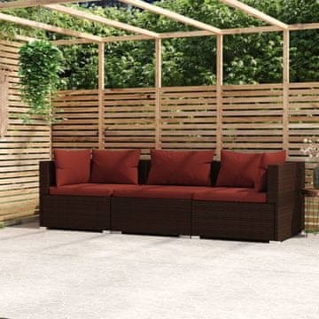 Vidaxl Vrtna sofa za 3 osobe s jastucima, poli ratan, smeđa