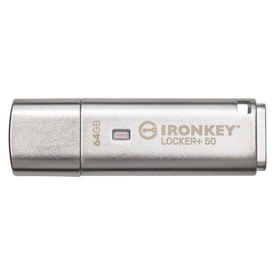 Kingston Ironkey Locker+ 50 USB ključ, 64 GB, 3.2 Gen1, 256-bitna enkripcija, metal