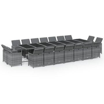 Vidaxl 19-dijelni vrtni blagovaonski set s jastucima poliratan sivi