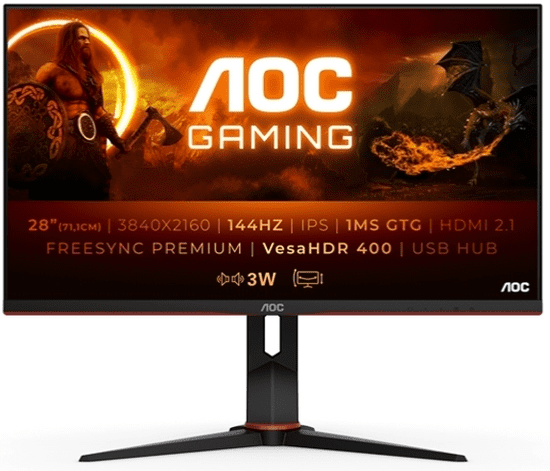 AOC U28G2XU2 monitor, gaming, LED, 71,12 cm, UHD, IPS, 144Hz, HDMI, crna (U28G2XU2/BK)