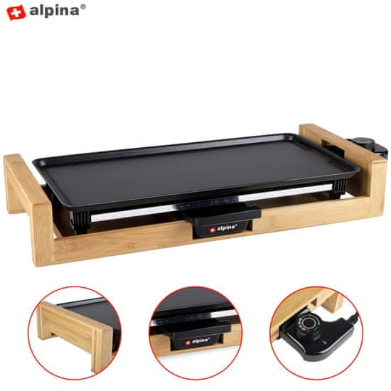 Alpina Teppanyaki Grill električna ploča za roštilj, bambus, aluminij, 2000W, 43x22,5 cm