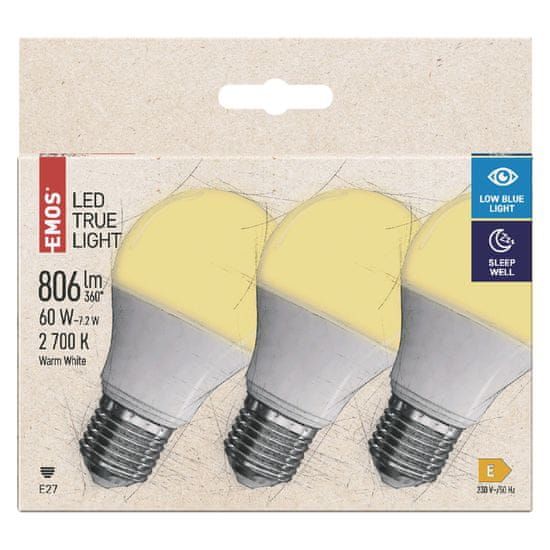 EMOS True Light LED žarulja, 7,2 W, E27, topla bijela, 3 komada