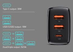 BASEUS CCXJ-E01 punjač za brzo punjenje, 30 W, 2x USB + Type-C