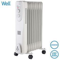 Well OIL2-2000 prijenosni električni uljni radijator, snaga 2000 W, 3 stupnja grijanja, termostat, 9 rebara, bijeli