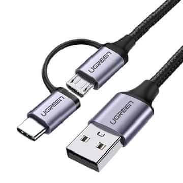 Ugreen 2u1 kabel s jakim pletenim USB - microUSB + USB-C 1m 2.4A crni