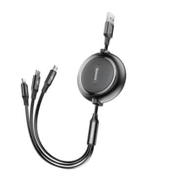 BASEUS Uvlačivi kabel 3u1 USB MicroUSB Iphone Lightning USB-C 3.5A 35cm 120cm Crni