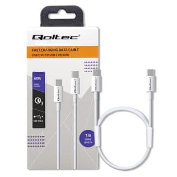 Qoltec Kabel USB 2.0 tip C | USB 2.0 tip C 60W | QC 3.0 | PD | 1m | bijela