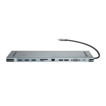 BASEUS Baseus Enjoyment Series Višenamjenski inteligentni HD HUB tipa C (PD/HD4K*2/VGA/RJ45/SD/TF/USB*3/Audio*1/Postolje) Tamno siva
